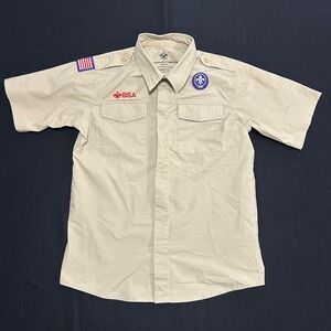 Boy Scouts of America BSA Youth Large Tan Short Sleeve Uniform Shirt Patches